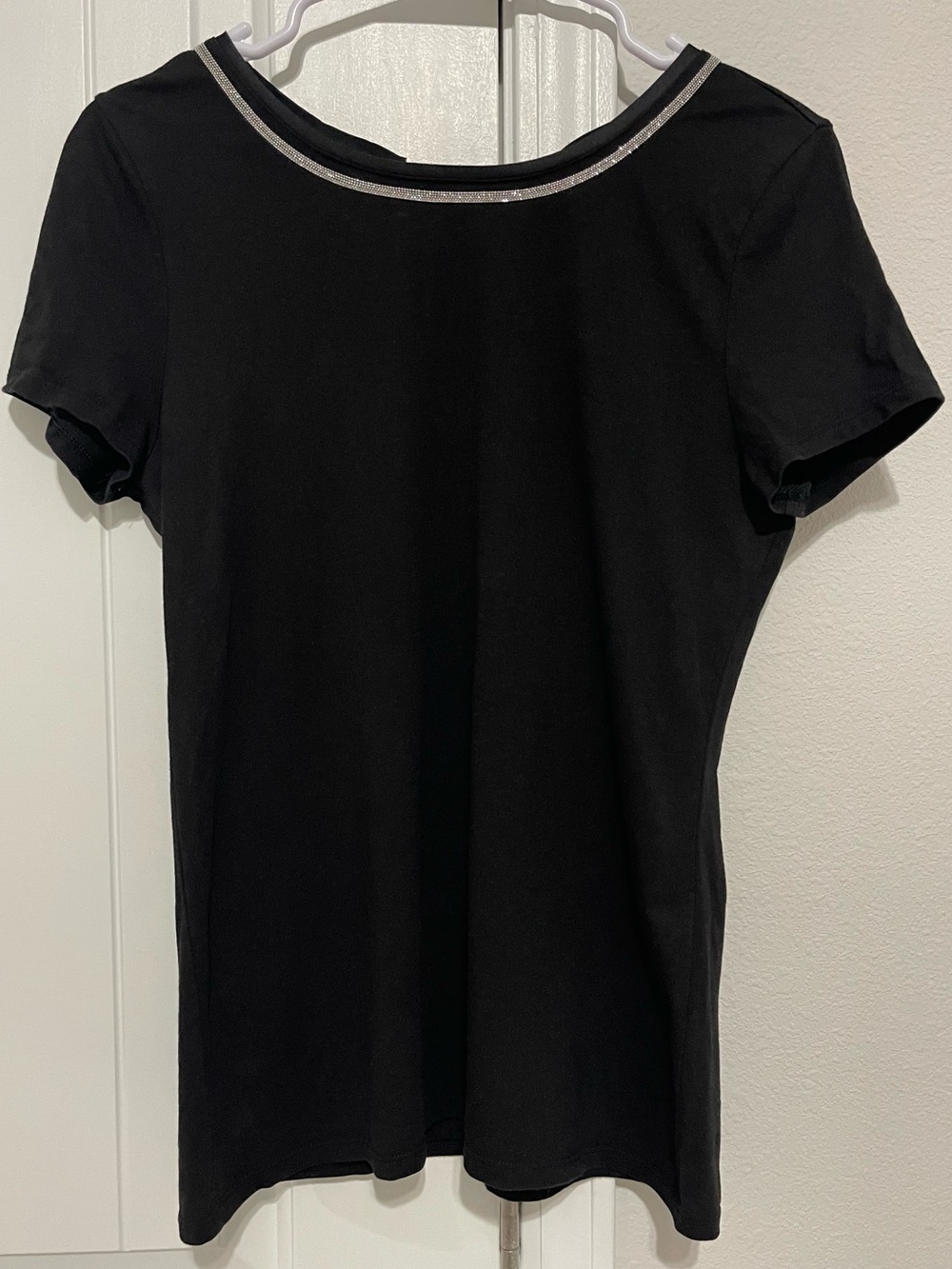 White House Black Market Black Short-Sleeve Top with Silver Neckline Detail
